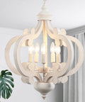 Farmhouse 5 Light French Country Wood Chandelier For Dining Room And Kitchen Island, showing distressed white wood and candleshaped bulbs.