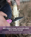 Using Pink 6-In-1 Multitool Carabiner With Knife on wood, ideal for camping, hiking, outdoor activities