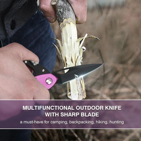 Using Pink 6-In-1 Multitool Carabiner With Knife on wood, ideal for camping, hiking, outdoor activities