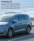 Side view of a blue minivan on a coastal road with text about fitment for Chrysler Pacifica and Sebring models.