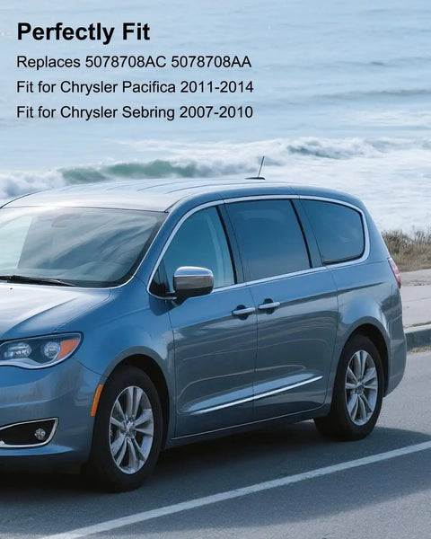 Side view of a blue minivan on a coastal road with text about fitment for Chrysler Pacifica and Sebring models.