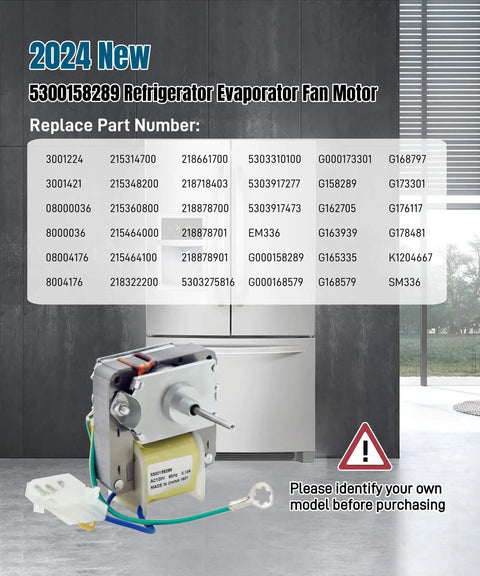 Refrigerator Evaporator Fan Motor Replacement 120V 60Hz 0.13A compatible part numbers list and product image