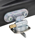 Close-up of PW80 Plastics Kit For Dirt Bike And Mini Bike Black gas tank connection fitting with metal valves and screws