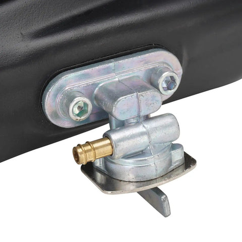 Close-up of PW80 Plastics Kit For Dirt Bike And Mini Bike Black gas tank connection fitting with metal valves and screws