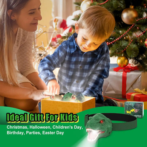 Child opening gift box with Dinosaur Headlamp For Kids With LED Flashlight Roar And Silent Modes, T Rex Dino Toy