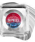 Heavy Duty Aluminum Gas Stove Burner Covers 50 Pack Disposable Stove Top Liners stack with label showing product information.