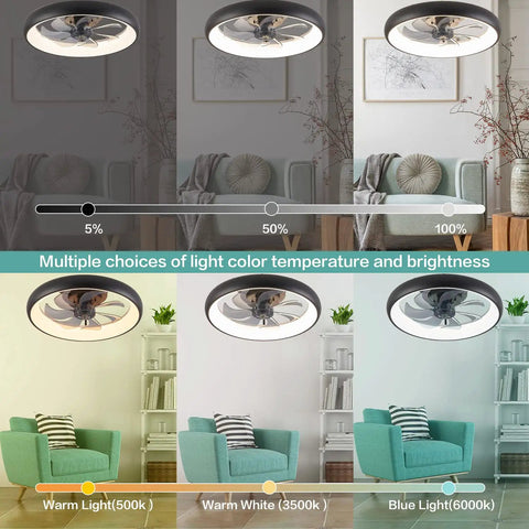 Copper Color Flush Mount Ceiling Fan With Lights, Low Profile Design shown with variable lighting and brightness settings in a living room.