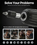 Close-up of 11 Piece Screw Extractor Set with Self Locking Extension Rod in use on damaged rusted screws