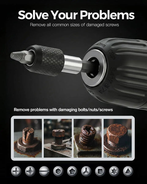 Close-up of 11 Piece Screw Extractor Set with Self Locking Extension Rod in use on damaged rusted screws