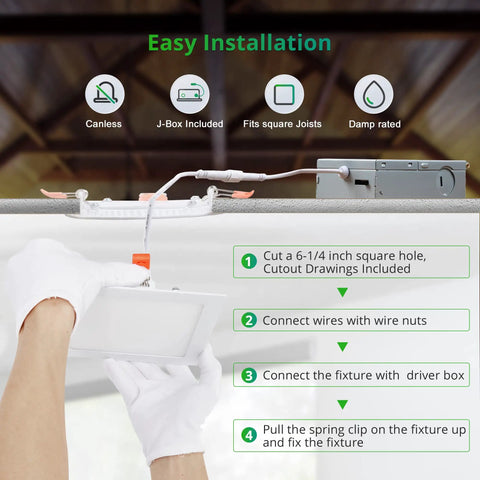 Installation of 6 Inch LED Recessed Lights Kit 12 Pack Ultra Thin Square with Junction Box step-by-step instructions