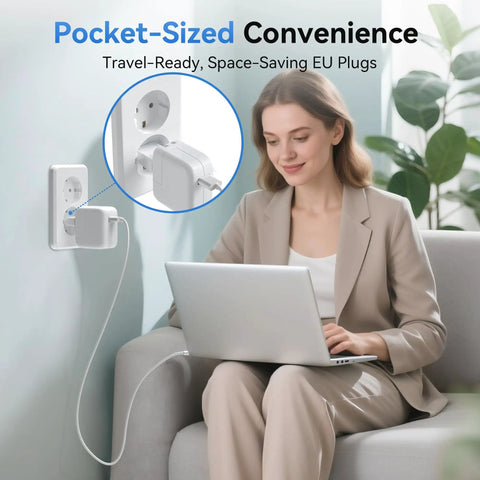 Woman using laptop with European Travel Plug Adapters For Jetset Trips US To Europe Type C Converters 8 Pack plugged into wall outlet