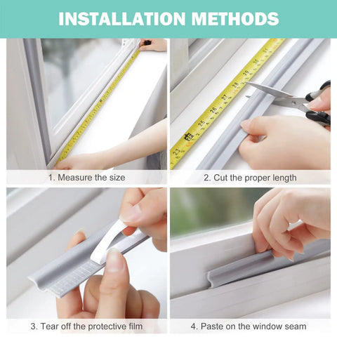 Installation steps showing how to apply Door Draft Stopper Sweep Self Adhesive Weatherproof Seal Strip for windows.