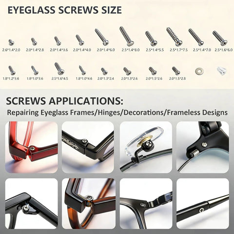 All In One Eyeglass Repair Kit You Can Grab And Go With 18 Screw Sizes, 1.4mm Precision Screwdrivers, Tweezers, Nose Pads And Cleaning Cloth For All Eyewear Types displayed with different screw sizes, application examples, and usage for frames and hinges.