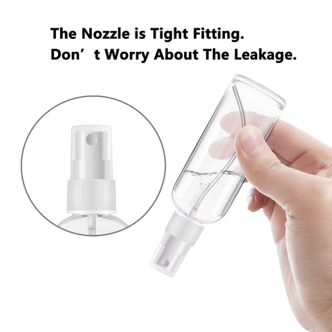 Person holding 2 Pack 1Oz Clear Plastic Travel Spray Bottle showcasing nozzle and tight cap, designed for leak-free usage.
