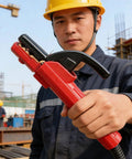 Heavy Duty 300A Copper Welding Electrode Holder With PVC Rubber Insulation Handle For Pros Who Dig Super Conductivity and Stable Heat Performance Without The Suck held by a worker.