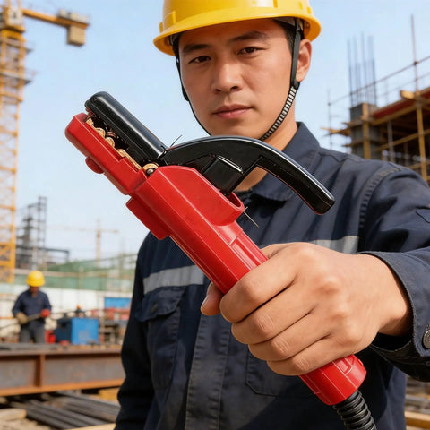 Heavy Duty 300A Copper Welding Electrode Holder With PVC Rubber Insulation Handle For Pros Who Dig Super Conductivity and Stable Heat Performance Without The Suck held by a worker.