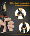 Hand holding Workhorse Titanium Bypass Pruning Shears with rust resistant ergonomic handles and safety lock mechanism.