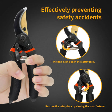 Hand holding Workhorse Titanium Bypass Pruning Shears with rust resistant ergonomic handles and safety lock mechanism.