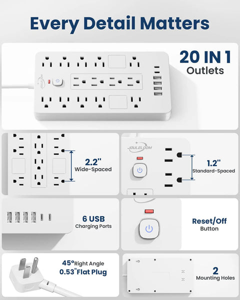 Power Strip Surge Protector With 14 Outlets And 6 USB Ports Including 2 USB C For Home Office Or Dorm, 6 Ft Flat Plug Extension Cord, 1850 Joules Surge Protection, ETL Listed, Overload Safe, Space Saving 14 Outlet Hub, white