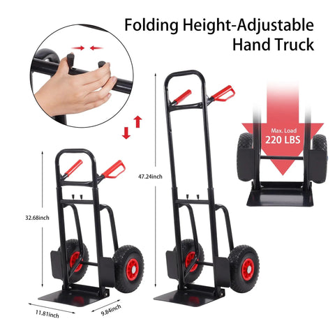Folding Flatbed Hand Truck With Telescoping Handle Two Wheel Portable Dolly Cart Heavy Duty Utility Cart For Home And Commercial Use 220 Lb Capacity Easy Fold To Store Quiet Ride Stable On Rough Surfaces, showing adjustable telescoping handle.