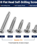 Number Ten By Three Quarter Phillips Flat Head Stainless Steel 410 Self Drilling Self Tapping Screws Heavy Duty Countersunk Fasteners For Auto Panels And Metal Framing One Hundred Pack displayed in various sizes.