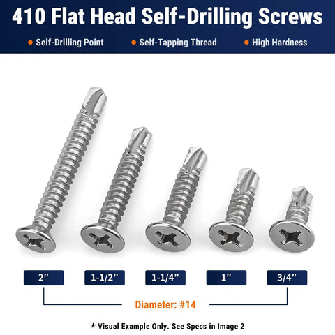 Number Ten By Three Quarter Phillips Flat Head Stainless Steel 410 Self Drilling Self Tapping Screws Heavy Duty Countersunk Fasteners For Auto Panels And Metal Framing One Hundred Pack displayed in various sizes.