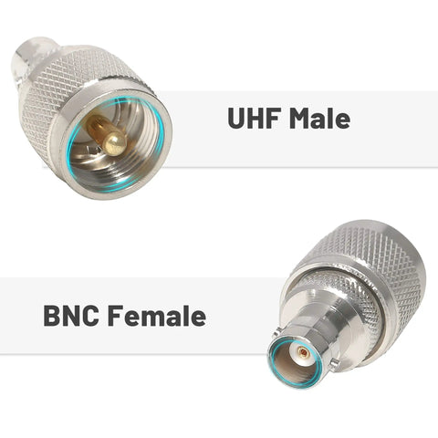 BNC Female To UHF Male PL259 RF Coaxial Adapter 2 Pack For CB Ham Radios Connectors, showing UHF male and BNC female ends