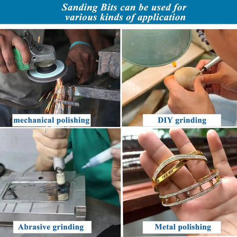 64 Piece Sanding Bits And Drum Set For Dremel Rotary Tool with various applications, DIY grinding, abrasive and metal polishing shown.