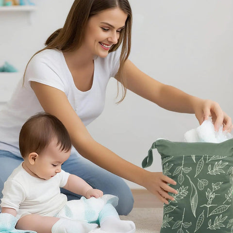 Mom using Dual Compartment Wet Dry Bag With Two Zippered Pockets Waterproof Reusable Travel Beach Pool Gear For Baby Diapers
