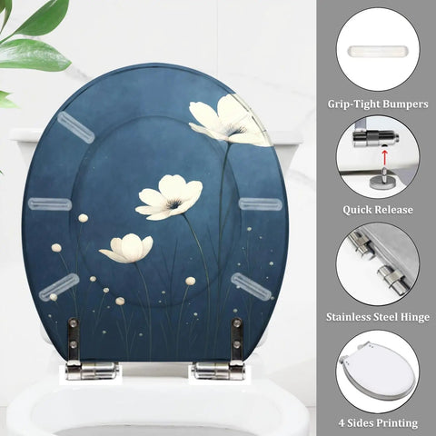 Toilet Seat Replacement Round for Bathroom with floral design, 14.5" x 16.5", features quick release and stainless steel hinge.
