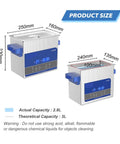 Digital Ultrasonic Cleaner 3 Liter Tank With Heating And Timer Features Smart Degassing. Product size diagram with measurements.