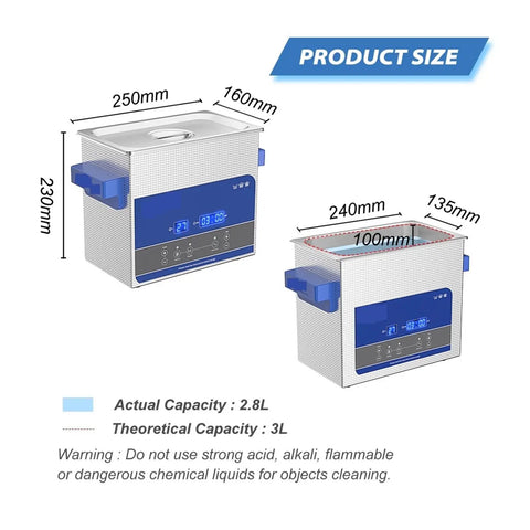 Digital Ultrasonic Cleaner 3 Liter Tank With Heating And Timer Features Smart Degassing. Product size diagram with measurements.