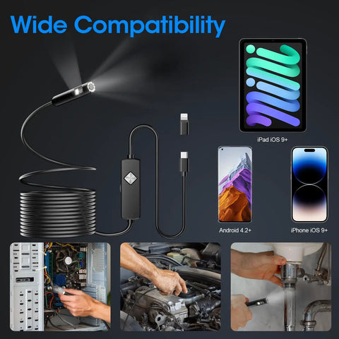 Endoscope With Light 1920P HD Borescope With 7.9mm Ultra Thin Probe And 8 LED Lights shown with devices and applications