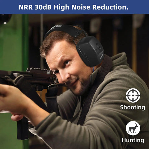 Man wearing Electronic Shooting Ear Protection Muffs With 30 dB NRR And 0.01s Reaction Time while aiming a rifle