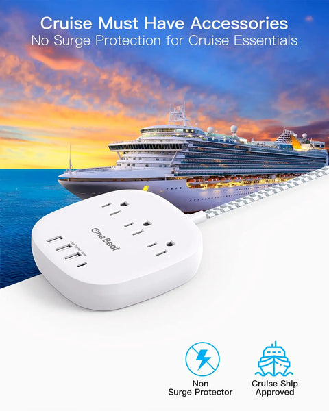 20W USB C Desktop Power Strip With 3 AC Outlets, 3 USB-A Ports, And 1 USB-C Fast Charge, Flat Plug, Cruise Ship in Background