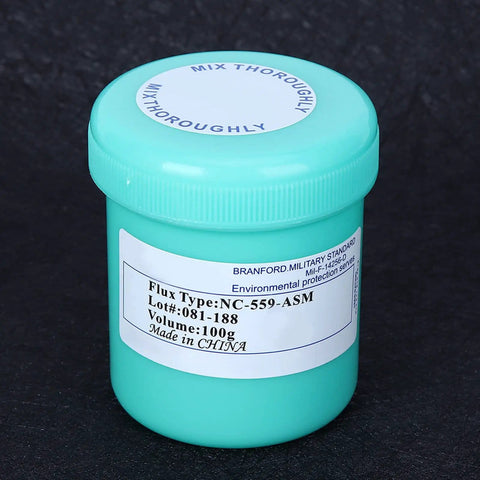 No Clean Flux Paste For Electronics And PCB Repair NC-559-ASM 28um Solder Flux container, 100g, with label details visible