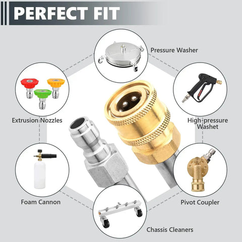 Two Pack 17 Inch Stainless Steel Pressure Washer Extension Wands With Quarter Inch Quick Connect Pro Grade Built Tough shown with compatible accessories