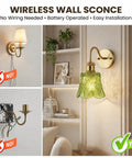 YUNICE Rechargeable Wall Sconces Set of 2 showing green glass lampshade and antique brass design, battery operated wall sconce.