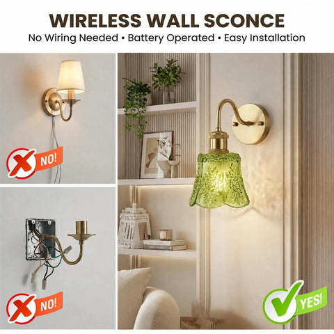 YUNICE Rechargeable Wall Sconces Set of 2 showing green glass lampshade and antique brass design, battery operated wall sconce.