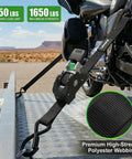 4 Pack Retractable Ratchet Straps 1 Inch x 10 Feet 1650 Pound Break Strength securing motorcycle on trailer