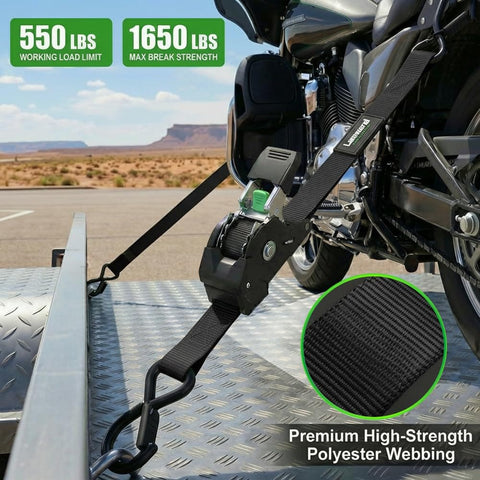 4 Pack Retractable Ratchet Straps 1 Inch x 10 Feet 1650 Pound Break Strength securing motorcycle on trailer
