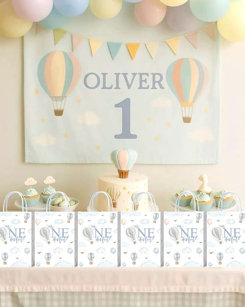Hot Air Balloon Themed First Birthday Goodie Bags For Baby Boy Party Favors And Decorations Treat Bags for Snacks displayed on table