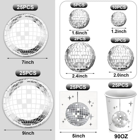 Disco Ball Party Supplies Kit 121 Pcs Silver Disposable Plates Napkins Cups Mini Disco Balls And Table Runner For 70s 80s