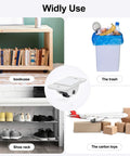24 Pcs Self Adhesive Caster Wheels Set applied to bookcase, trash bin, shoe rack, and toy cart displaying versatility for DIY projects.