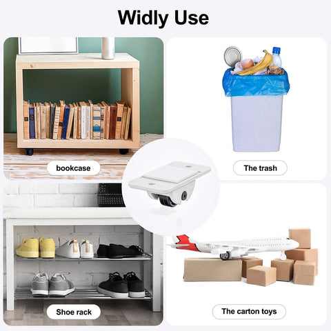 24 Pcs Self Adhesive Caster Wheels Set applied to bookcase, trash bin, shoe rack, and toy cart displaying versatility for DIY projects.