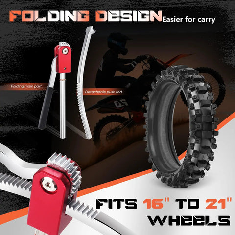 All In One Dirt Bike Tire Changing Tool Kit for Motocross and Enduro, 16 to 21 inch wheels, folding design, detachable push rod