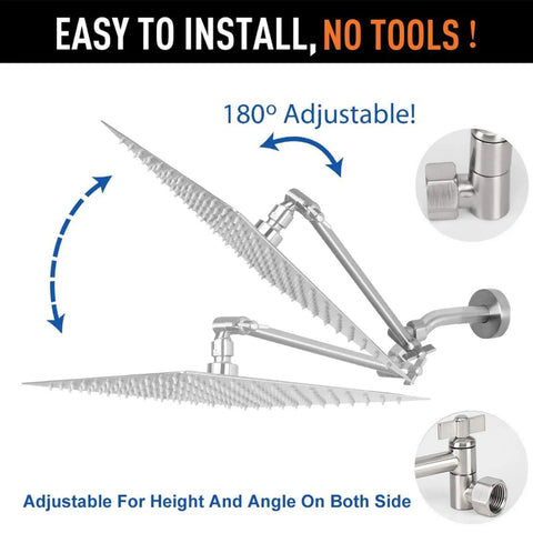 High Pressure 12 Inch Square Rain Shower Head With Arm In Brushed Nickel, adjustable 180-degree angle and easy installation, no tools.