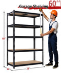 Beefy 5-Tier Heavy Duty Garage Shelving Unit, Adjustable Storage Racks, Supports Up To 2400 Lbs Total, 480 Lbs Per Shelf, Industrial Steel Shelves For Garage, Workshop, And Warehouse, 28 X 12 X 60 Inches, with worker measuring height