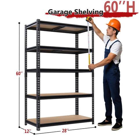 Beefy 5-Tier Heavy Duty Garage Shelving Unit, Adjustable Storage Racks, Supports Up To 2400 Lbs Total, 480 Lbs Per Shelf, Industrial Steel Shelves For Garage, Workshop, And Warehouse, 28 X 12 X 60 Inches, with worker measuring height