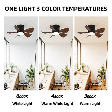 Flush Mount 30 Inch Ceiling Fan With Lights And Remote in three color temperatures, low profile indoor outdoor fan displayed in dining room.